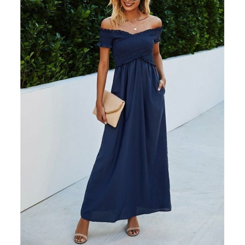 Sexy Dress for Hot Summer Days Women Maxi Off Shoulder Dress  Navy Color Size S